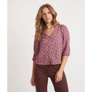 Marine Layer Colette Doublecloth Top Button Front Fan Block Print Purple S NWT